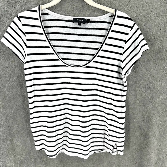 Theory Womens Easy U Navigate Stripe Linen Cotton Scoop Neck Tee Shirt Size M - Picture 8 of 8